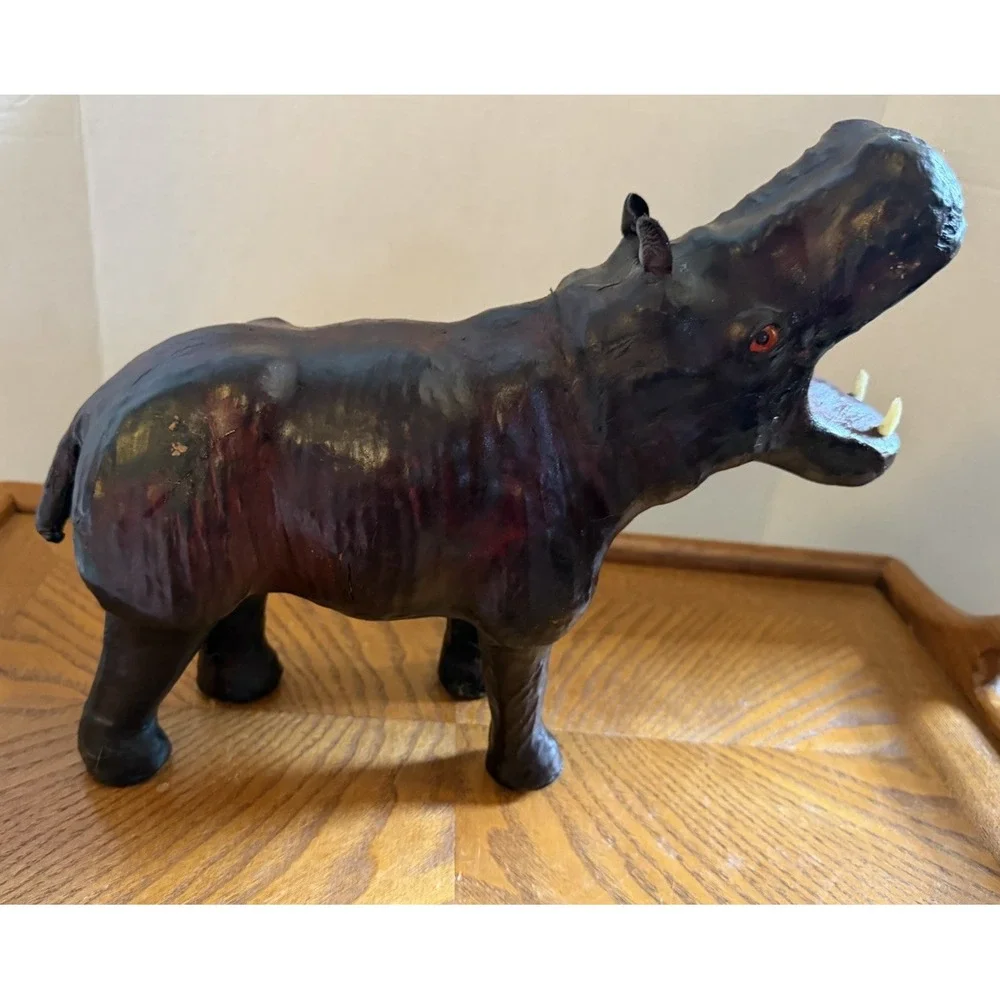 Vintage Leather Wrapped Hippo Hippopotamus Figure Red Eye 12x10x4 Decor